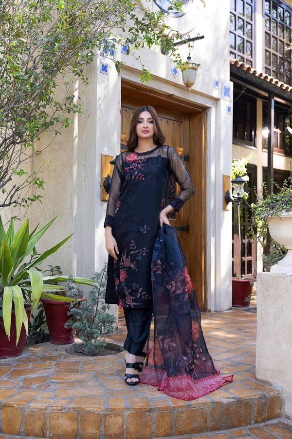 3PC Organza  Shirt With Hand Embellishment on Front Paired with Pants and Organza Digital Dupatta-Stitched